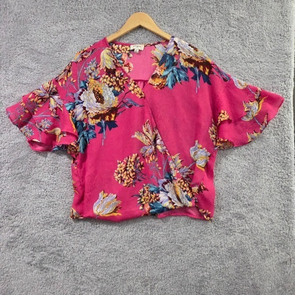 UMGEE Floral Twist Front Top Women's Small Pink Boho Ruffle Sleeve V-Neck Blouse